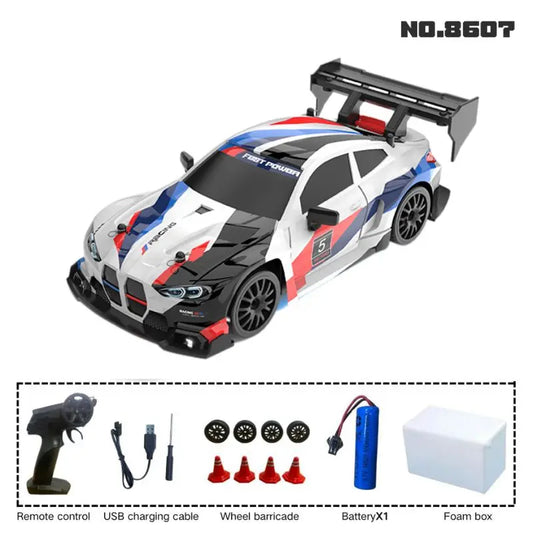 1:24 High-Speed RC Racing Drift Car Set – LED Lights, Rechargeable 3.7V Battery, Spare Tires & Road Cones