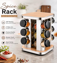 360° Rotating 12 Jar Spice Rack – Stainless Steel Kitchen Masala Organizer with Glass Jars & Wooden Finish