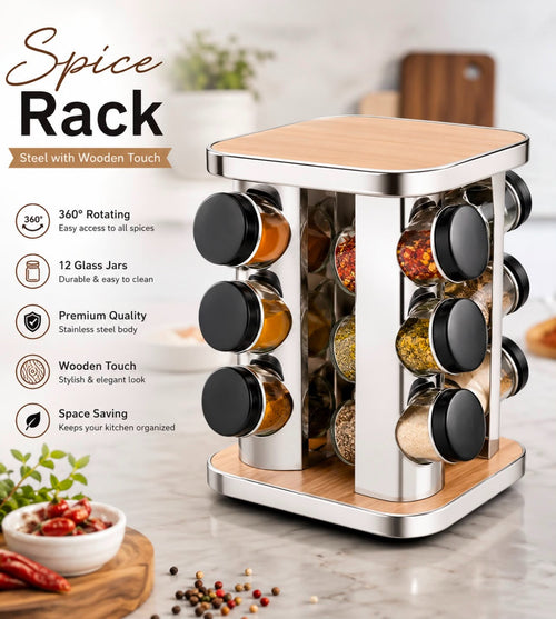 360° Rotating 12 Jar Spice Rack – Stainless Steel Kitchen Masala Organizer with Glass Jars & Wooden Finish