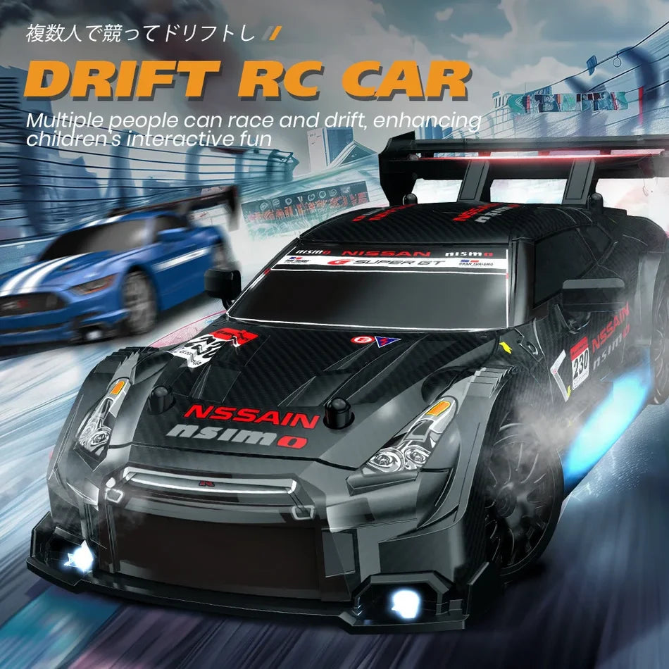 1:24 High-Speed RC Racing Drift Car Set – LED Lights, Rechargeable 3.7V Battery, Spare Tires & Road Cones