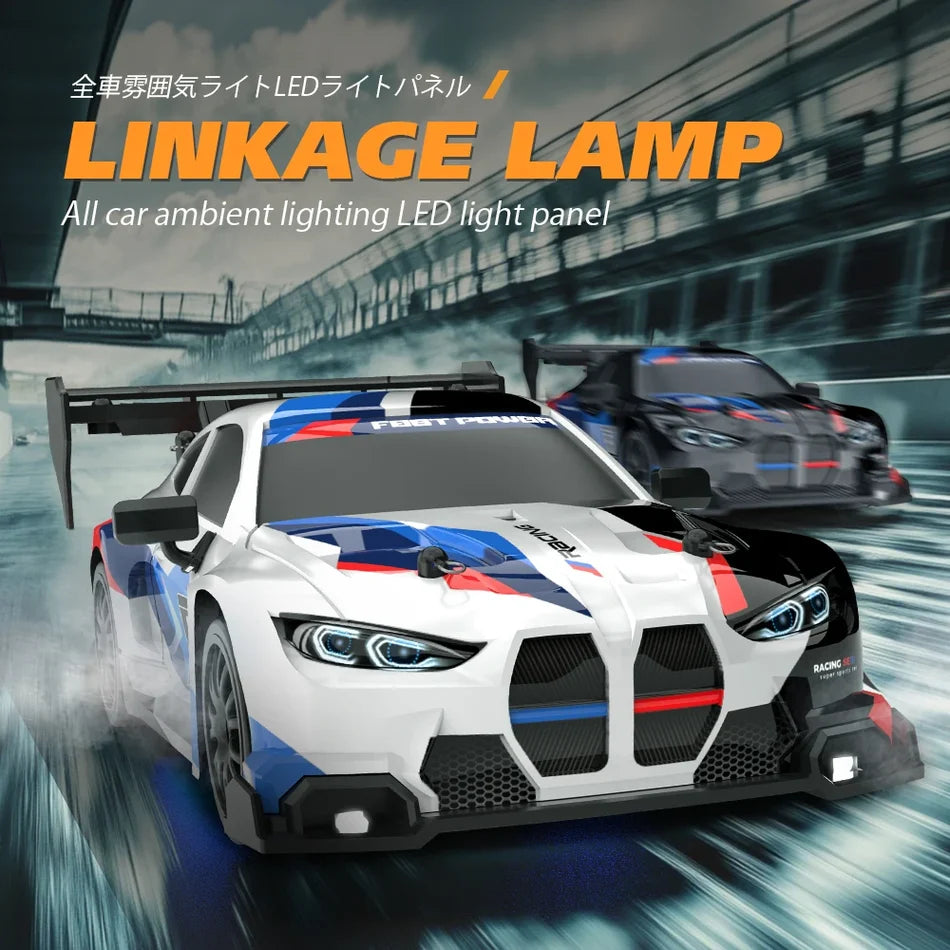 1:24 High-Speed RC Racing Drift Car Set – LED Lights, Rechargeable 3.7V Battery, Spare Tires & Road Cones