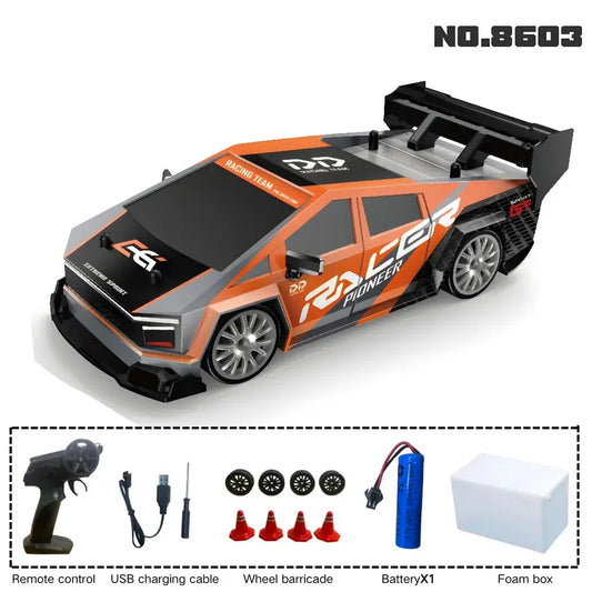 1:24 High-Speed RC Racing Drift Car Set – LED Lights, Rechargeable 3.7V Battery, Spare Tires & Road Cones