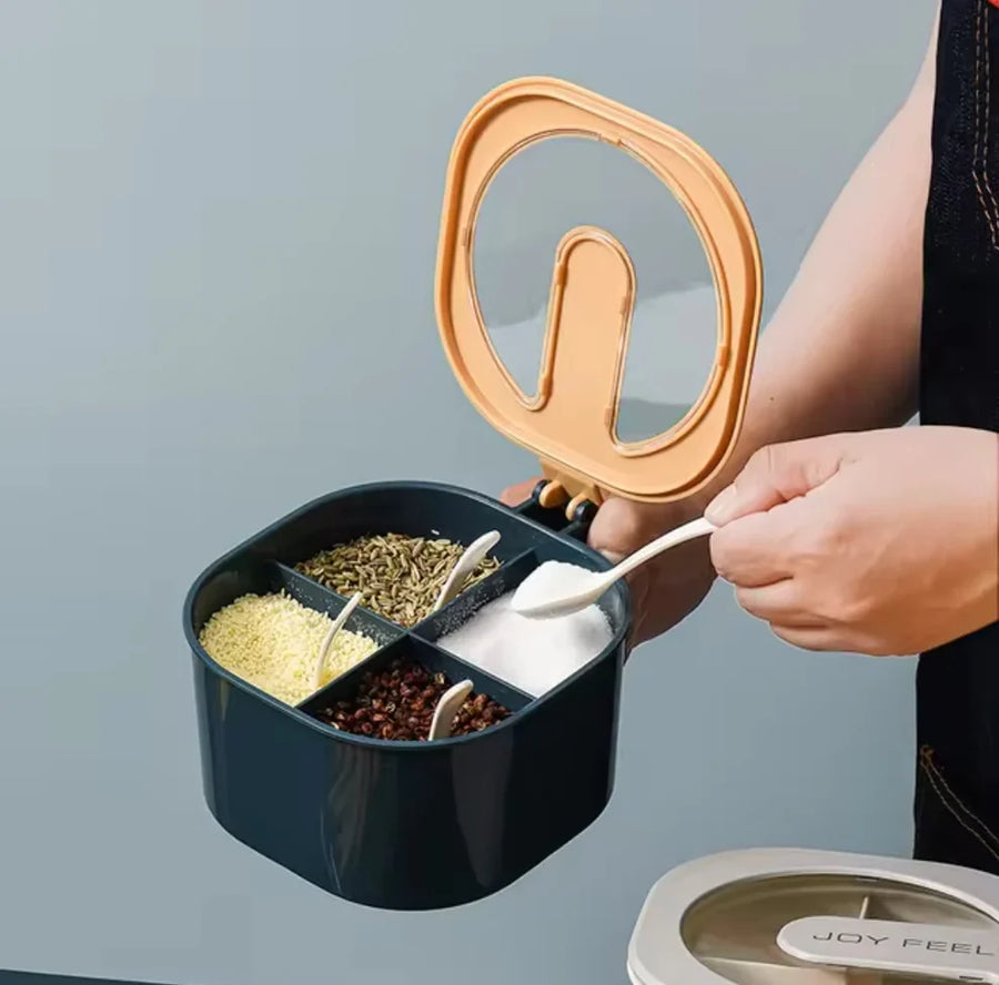4 Grid Spice Box with Lid & Spoons – Kitchen Masala Storage Container Organizer
