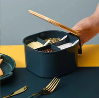 4 Grid Spice Box with Lid & Spoons – Kitchen Masala Storage Container Organizer
