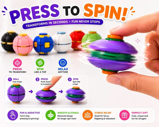 Press to Spin Transforming Fidget Spinner Ball – Shape Shifting Stress Relief Desk Toy, 2-in-1 Spinner & Fidget Toy for Kids & Adults