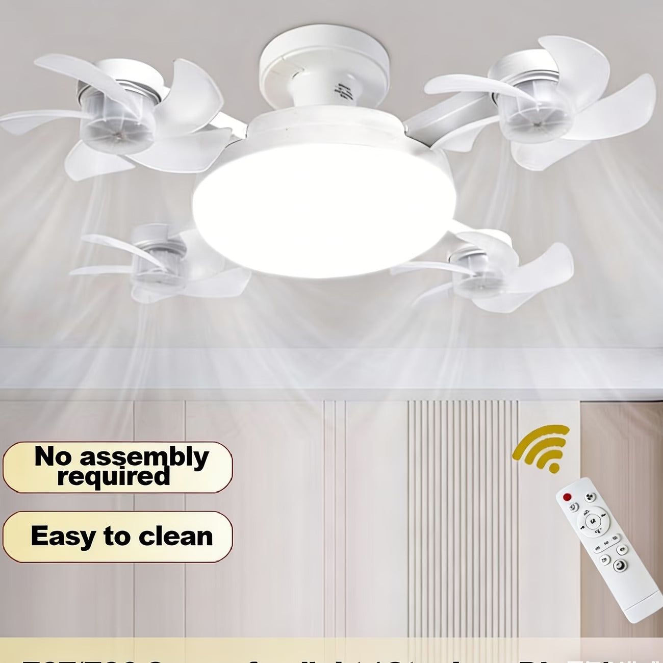 Modern 4-Head LED Ceiling Fan Light with Remote Control – Quiet Flush Mount Ceiling Fan with Dimmable LED Light for Bedroom, Living Room & Home
