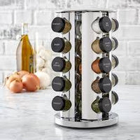 360° Rotating 12 Jar Spice Rack – Stainless Steel Kitchen Masala Organizer with Glass Jars & Wooden Finish