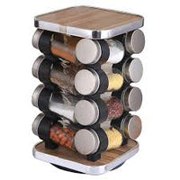 360° Rotating 12 Jar Spice Rack – Stainless Steel Kitchen Masala Organizer with Glass Jars & Wooden Finish