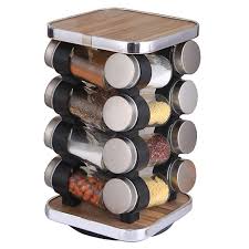 360° Rotating 12 Jar Spice Rack – Stainless Steel Kitchen Masala Organizer with Glass Jars & Wooden Finish