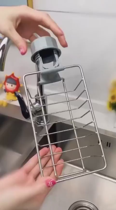 Kitchen Stainless Steel Faucet Rack | Rustproof Sink Organizer Holder | Adjustable Drain Storage Shelf for Sponge, Soap & Cleaning Accessories