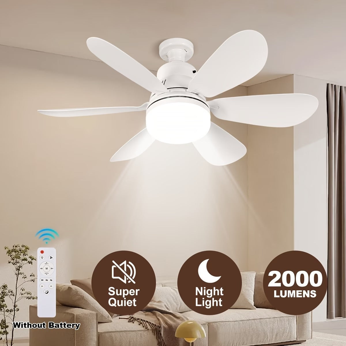 Modern 6-Blade LED Ceiling Fan with Remote Control – Silent Ceiling Fan with Light, 2000 Lumens, 3-Speed Reversible Fan for Bedroom, Living Room & Home