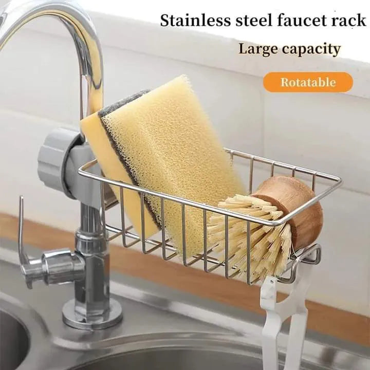 Kitchen Stainless Steel Faucet Rack | Rustproof Sink Organizer Holder | Adjustable Drain Storage Shelf for Sponge, Soap & Cleaning Accessories