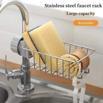 Kitchen Stainless Steel Faucet Rack | Rustproof Sink Organizer Holder | Adjustable Drain Storage Shelf for Sponge, Soap & Cleaning Accessories