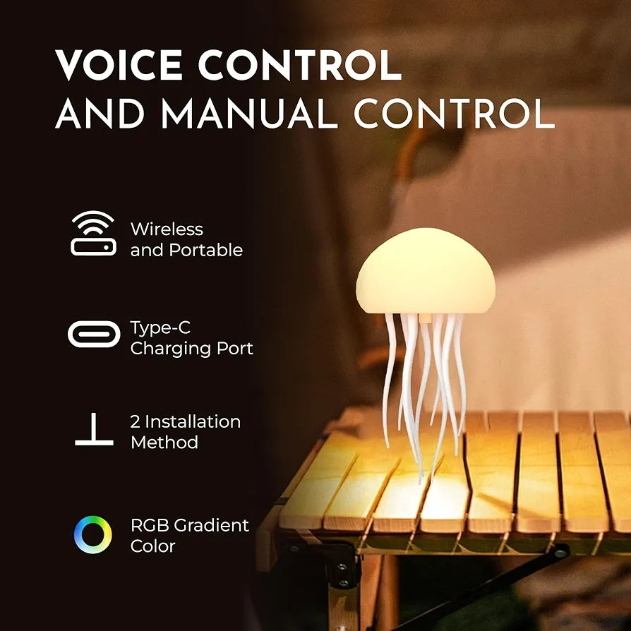 Floating Jellyfish LED Lamp – Voice Control RGB Gradient Night Light with Moving Tentacles, Rechargeable Touch Sensor Hanging Jellyfish Bedside Table Lamp for Kids & Adults, Decorative Ambient Mood Light