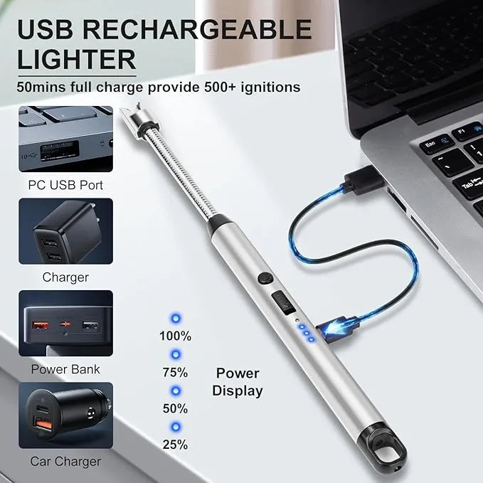 USB Rechargeable Arc Candle Lighter – Windproof Long Neck Electric Lighter for Candles, BBQ Grill, Kitchen Stove & Camping Accessories