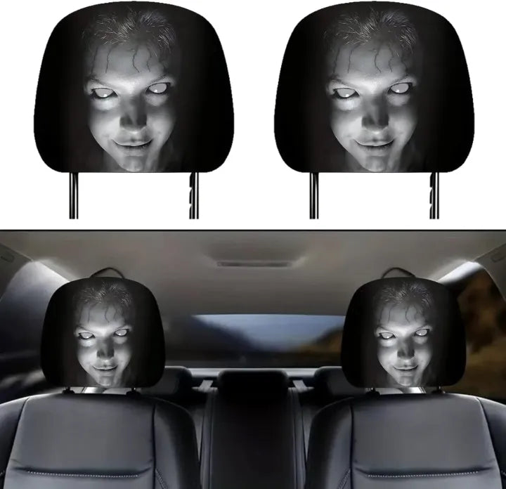2PCs Scary Car Headrest Cover  Horror Face Seat Protector