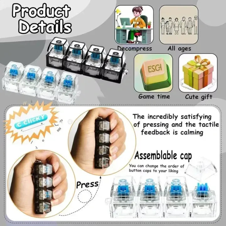 4-Key Mechanical Keyboard Switch Fidget Clicker Keychain – RGB Light-Up Stress Relief Toy with Crisp Clicky Sound, Portable Mechanical Switch Fidget Gadget for Office, Gaming & Anxiety Relief