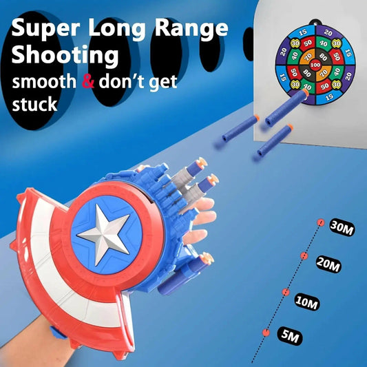 Captain America Shield Dart Launcher Toy for Kids | Soft Foam Dart Blaster with Target Board | Long Range Shooting Game