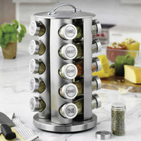 360° Rotating 12 Jar Spice Rack – Stainless Steel Kitchen Masala Organizer with Glass Jars & Wooden Finish