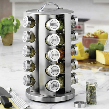 360° Rotating 12 Jar Spice Rack – Stainless Steel Kitchen Masala Organizer with Glass Jars & Wooden Finish